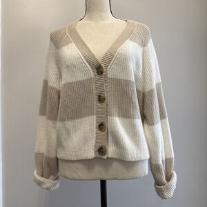 Hollister Striped Button Down Cardigan Beige & Cream Medium Women's